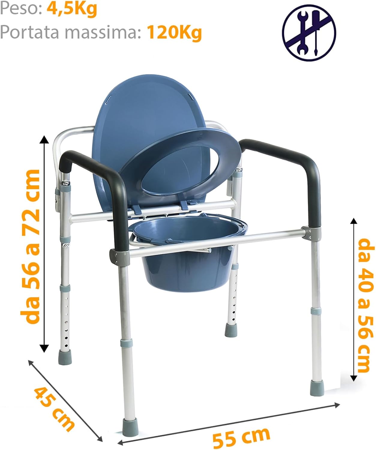 Sedia Da Comodo Comoda Wc In Alluminio 4 Funzioni In 1 Pieghevole Sgabello Doccia Bagno Per Aziani E Disabili, Rialzo Wc Water Supporto Per Water Sedile Per Doccia Per Anziani